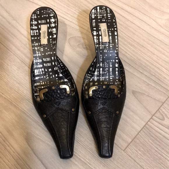 Prada Shoes - Prada Black Leather Grosgrain Heels/ Mules/Slides size 9 ⭐️⭐️⭐️⭐️
